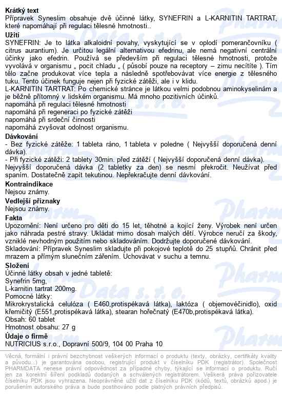 Syneslim Synefrin+karnitin Tbl.60 - popis