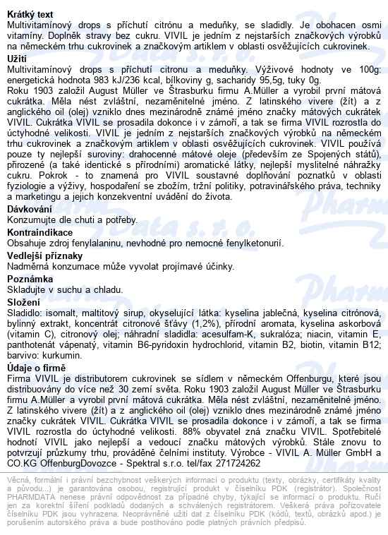 Vivil Multivit.citron+meduňka+8 Vit.bez Cukru 60g - popis