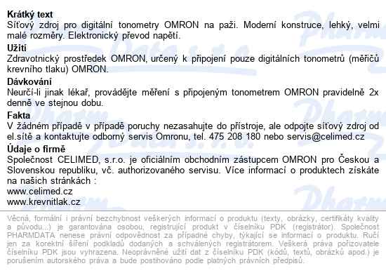 Adaptér Síť.omron Hhp Pro Pažní Tlakoměry - popis