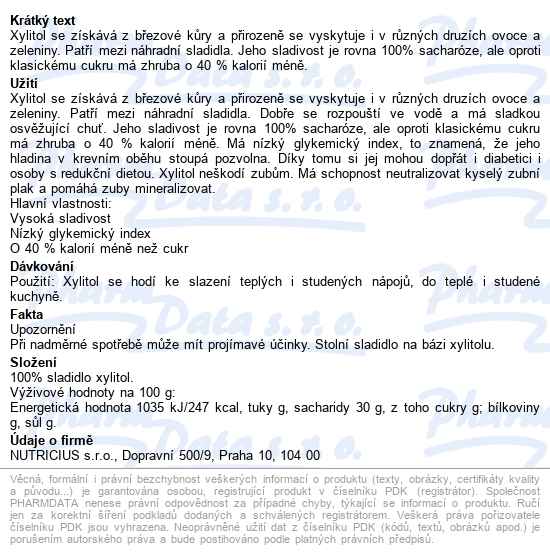 Xylitol Březový Cukr 500g - popis