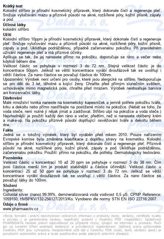 Koloidní Stříbro Ag100 Hustota 10ppm Spray 50ml - popis